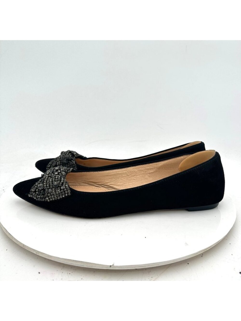 Tory Burch Vanessa Women Sz 8.5M Black Suede Pointed Toe Crystal Bow Flat Shoes
